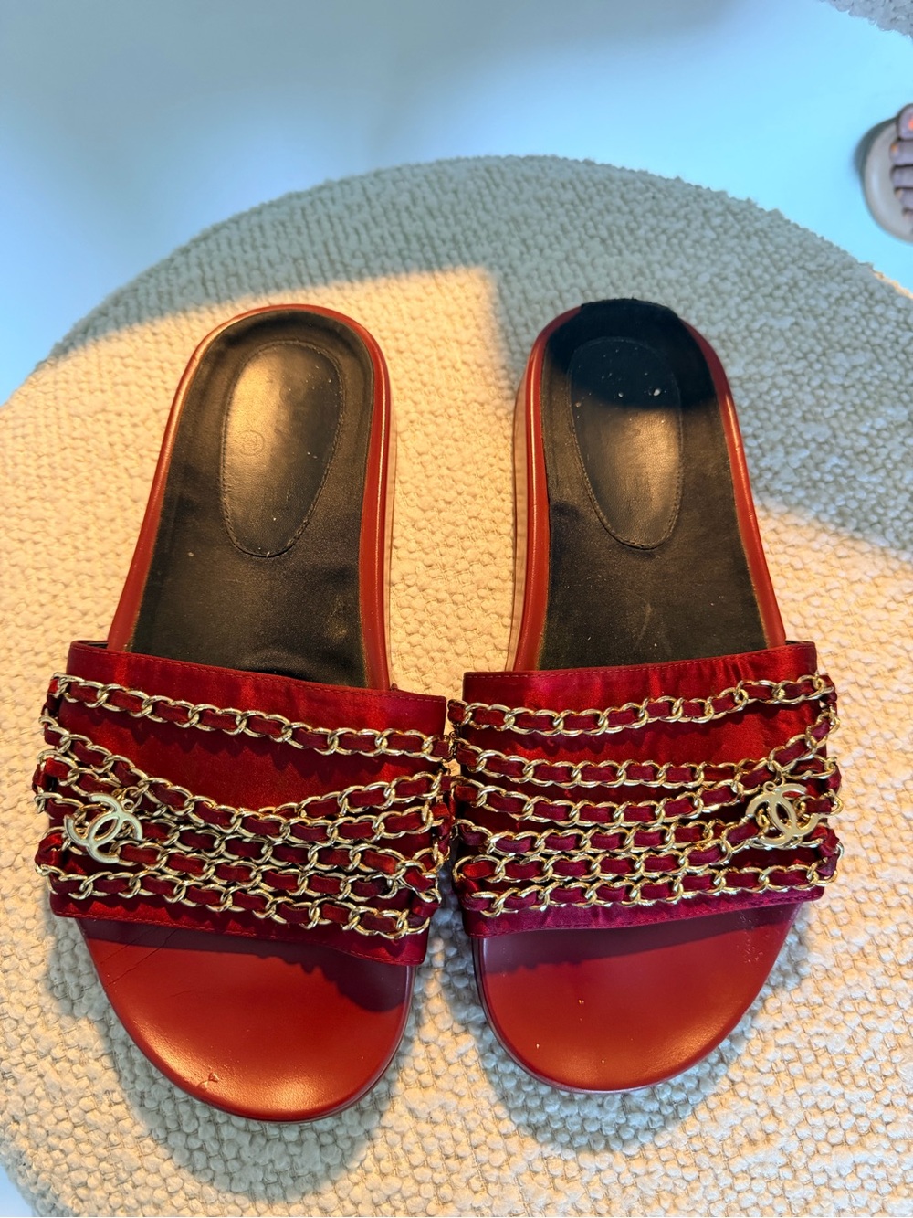 CHANEL Red Velvet Slide Sandals with Gold Chain Trim